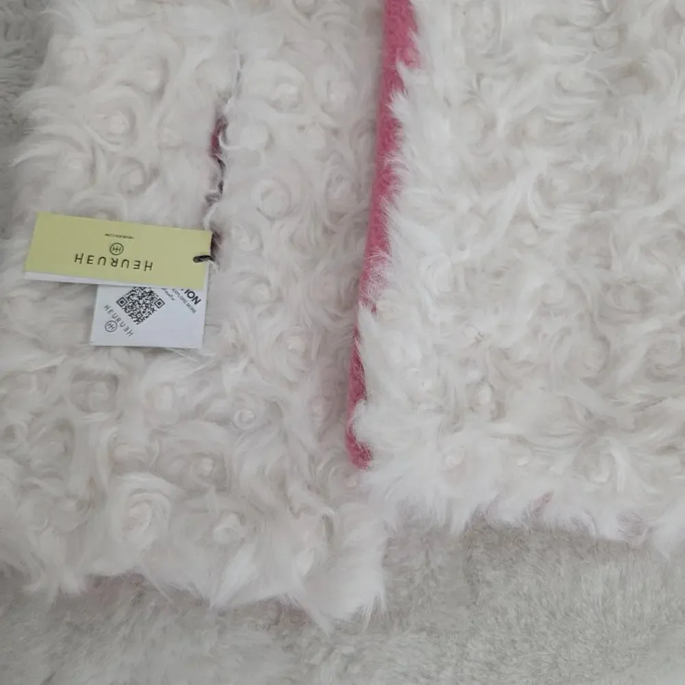 HEURUEH Faux Fur Hybrid Pull Through Scarf Pink Cream Fleece Luxe Winter OS